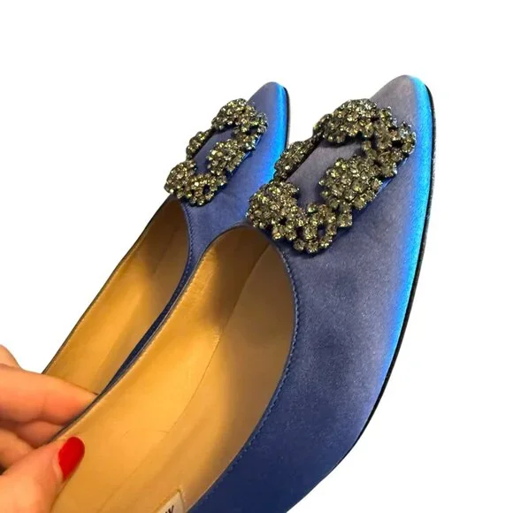 MANOLO BLAHNIK | Hangisi Crystal-Buckle Satin Flat 38.5 8.5 BLUE - Picture 12 of 16